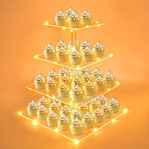 4 שכבות עוגות אקריליות ברורות עם אורות מיתר LED לבנים חמים, מחזיק תצוגת קאפקייקס מגדל מרובע למסיבת יום הולדת,