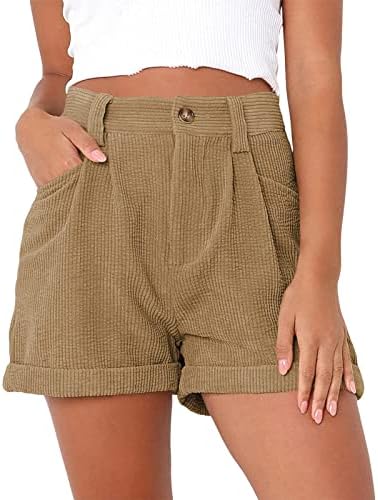 מכנסיים קצרים בקיץ של Uqrzau לנשים אמצע המותן אמצע המותניים מכנסי קורדרוי עם כיסים מותניים גבוהים