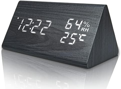 שעון מעורר דיגיטלי מעץ עם תצוגת זמן LED אלקטרונית, לחות וטמפרטורה גילוי לחדר שינה, ליד המיטה