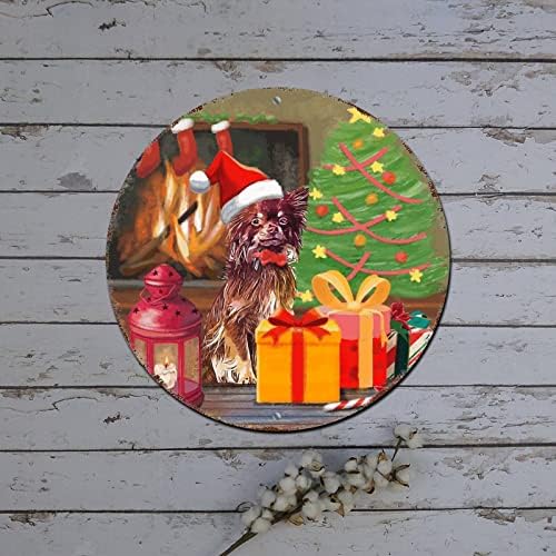 שלטי זר חג המולד עץ חג המולד כלב כובע סנטה כובע צבעי מים עגול שלט מתכת עגול תלייה קישוטים לחג המולד במצוקה