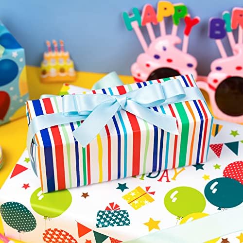 גליל נייר עטיפה ליום הולדת - בלונים ופסים עיצוב מושלם לחג, מסיבה, מקלחת לתינוק-3 לחמניות-30 אינץ 'על 120