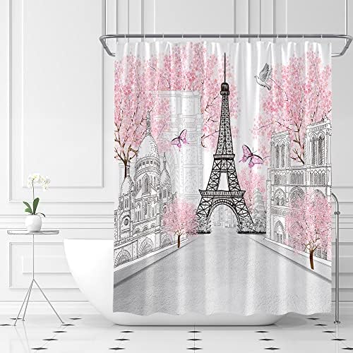 Hykhyk Eiffel מגדל וילון מקלחת פריז ורוד פרחוני פרפר פרפר חג האהבה רומנטי אירופאי צרפת עיר נוף עיצוב
