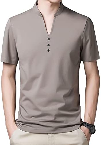 כפתור יחיד של גברים רגיל V רגיל V חולצות צוואר קיץ רזה מתאים צבע טהור שרוול קצר אופנה אופנה מזדמן