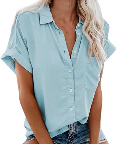 אישה אופנה סיבתי חולצה תורו למטה צווארון כפתור חולצות מוצק קצר שרוול טי חולצות 2023 קיץ בגדים