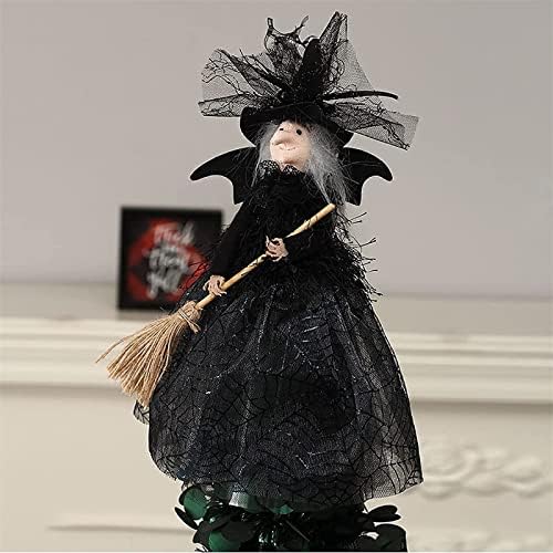 קישוט ליל כל הקדושים עץ טופר מכשפה כובע מחודד שחור ומטאטא מעופף, 11 אינץ