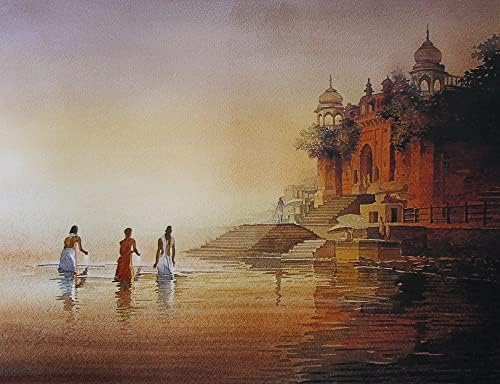 Novica Earthones או ציור ריאליסטי הינדואיזם ניטרלי ציור מהודו 'Banaras Ghat i'