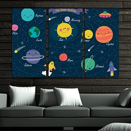 אמנות קיר לסלון, ציור שמן על בד גדול ממוסגר מערכת השמש כוכבי לכת יצירות אמנות מצוירות לעיצוב חדר שינה ביתי 24