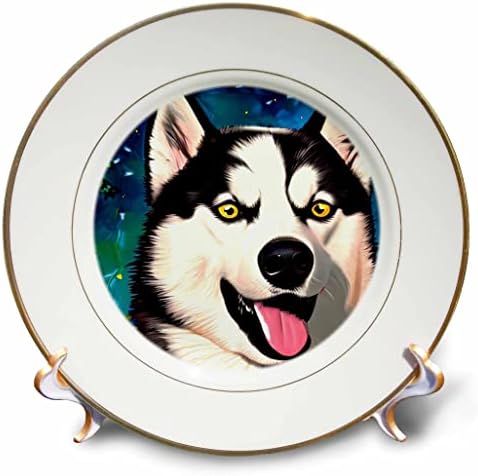 3drose דיוקן כלבים האסקי סיבירי מצחיק. מתנה לאמנות דיגיטלית צבעונית עבורך - צלחות