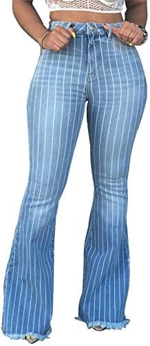 נשים רופף מזדמן גבוהה מותן פסים ג 'ינס רחב רגל פס פעמון תחתון ג' ינס מכנסיים עם כפתור
