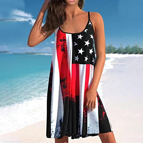 שמלות קיץ של פרגירן לנשים 4 ביולי הדפס מזדמן שמלה ללא שרוולים שמלה ללא צווארון חוף רופף חוף