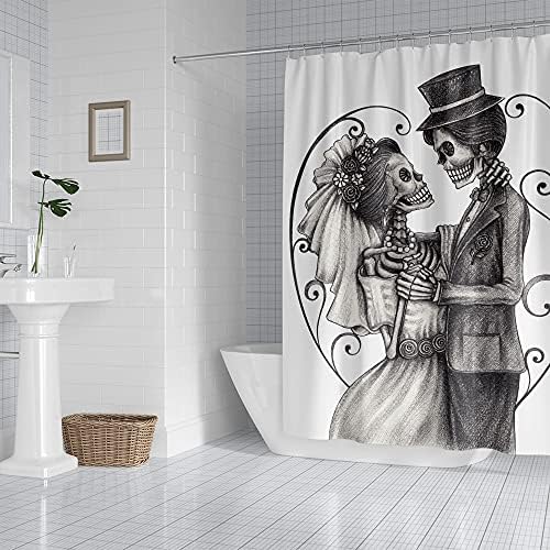יום RlHhug של וילון המקלחת המת, אהבת נישואי שלד גולגולת, אפור עמום ולבן וילון אמבטיה עיצוב אמבטיה, 72'X72