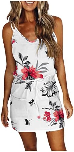 שמלת קיץ של פירו לנשים 2023, שמלות חוף נשים שמלת דפוס דפסת בוהו מזדמנת ללא שרוולים עם צווארון V עם חגורה עם חגורה