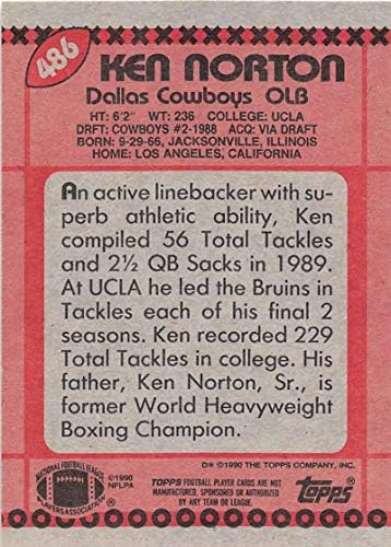 1990 Topps הצהרה על כדורגל חזרה 486 קן נורטון RC כרטיס טירון דאלאס קאובויס כרטיס מסחר רשמי של NFL