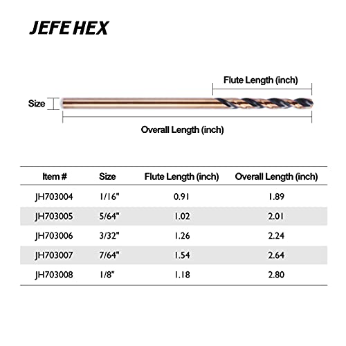 Jefe Hex 3/32 אינץ 'HSS אורך עבודה אורך טוויסט חתיכות מקדחה, נקודת פיצול של 135 מעלות, אידיאלית