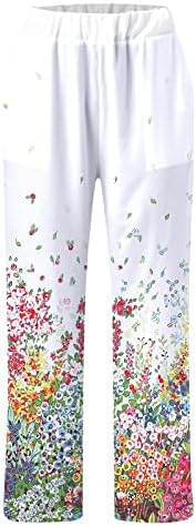 מכנסי קפרי קיץ לנשים מכנסיים מכנסיים הדפס פרחוני עם כיסים מכנסיים ארוכים רופפים כותנה מזדמנים ישר