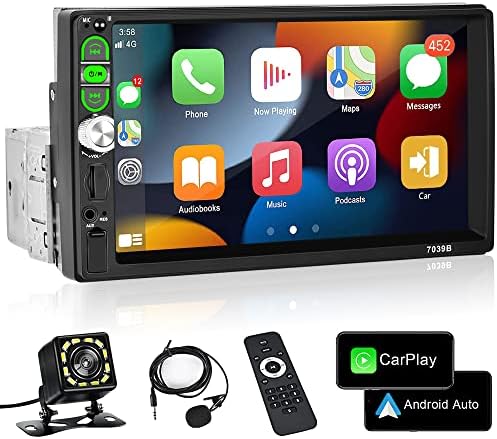 סטריאו פודופו יחיד DIN תואם ל- Apple CarPlay, רדיו סטריאו לרכב של מסך מגע 7 אינץ 'עם Bluetooth, Android Auto,