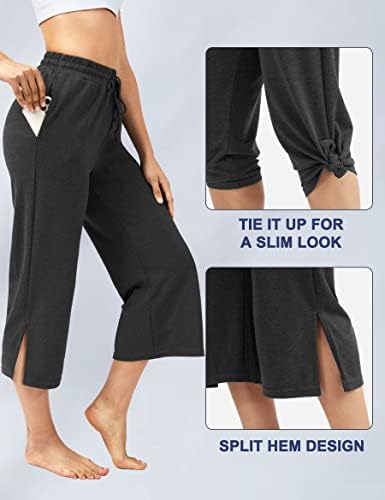מכנסי קפרי רגל רחבים של יוגה לנשים שרוקקות מכנסי טרנינג קפריס מפוצלים מכנסי יוגה של טרקלין שולי עם כיסים