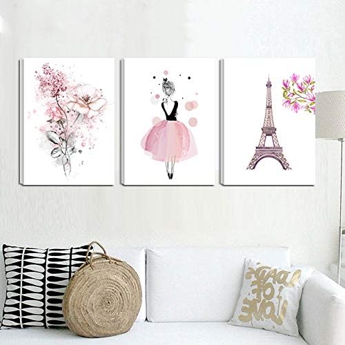 רקדני בלרינה ורודה חמודה הדפסים נערת פריז מגדל פרח בד הדפסי אמנות לחדר שינה חדר משחק קיר קיר עיצוב הדפסים