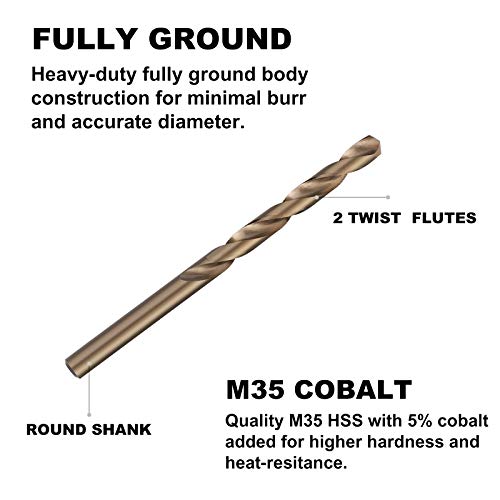סט מקדחי קובלט בגודל 3/16 אינץ '- אורך ג 'ובר ומקדח טוויסט שוק ישר, מקדחי גודל חלקי בגודל 1/4