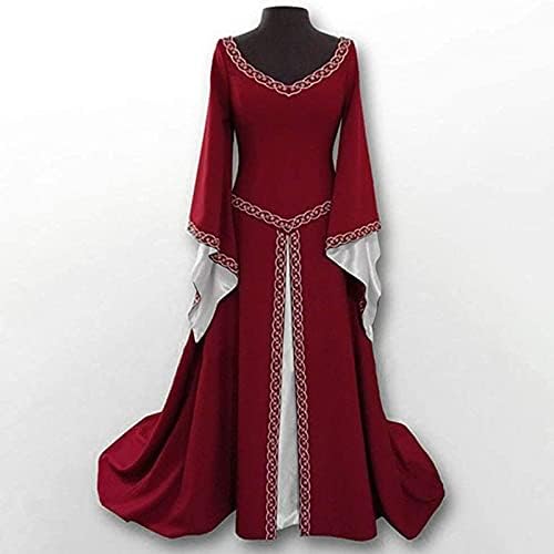 רנסנס שמלת נשים עם צוואר חצוצרת שרוול רצפת אורך מקסי שמלות בציר סלטיקס מימי הביניים קוספליי תלבושות