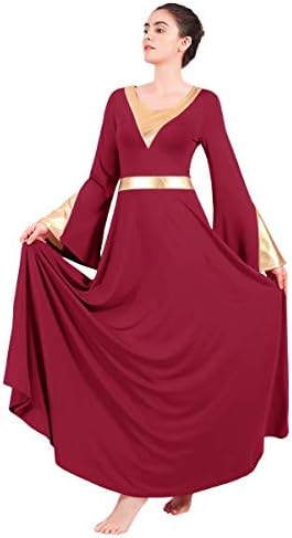 נשים בלוק צבע מתכתיות שבח ליטורגי שמלת ריקוד לירית פעמון שרוול ארוך שרוול ארוך כנסייה שמלת בגדי ריקוד