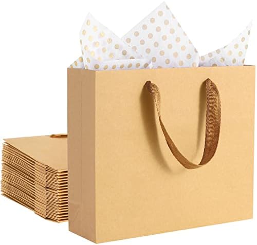 Ynerhai 20 חבילות שקיות מתנה חומות עם נייר טישו, שקיות מתנה עם ידיות סרט, 8.6 x4 x7 שקיות נייר חומות לחתונה,