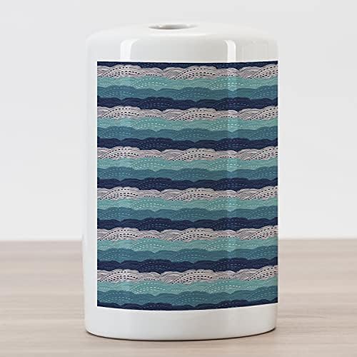 מחזיק מברשת שיניים קרמיקה של אמבסון, גלי אוקיינוס ​​נוי מופשטים עם קווים וכתמים בגוונים כחולים בסגנון בוהמי,