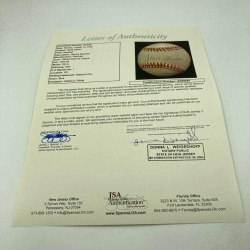 האנק אהרון חתם על בייסבול רשמי של הליגה הלאומית JSA COA - כדורי בייסבול חתימה