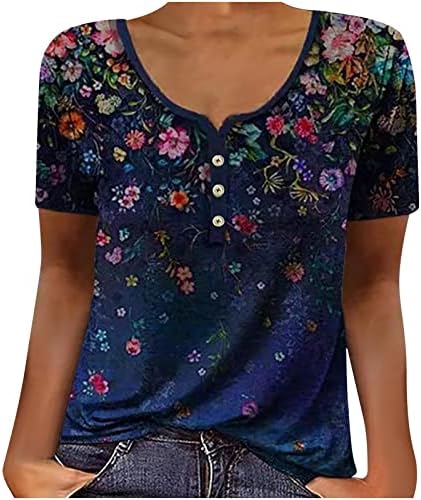 נשים חולצה אופנה צבעוני פרחוני הדפסת כפתור טוניקת חולצות צווארון עגול קצר שרוול טיז קיץ מקרית חולצות