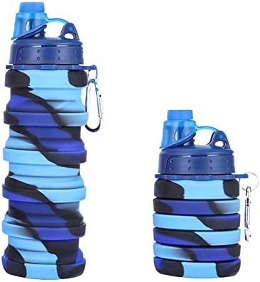 LTGICH סיליקון בקבוקי מים מתקפלים, בקבוק מים הסוואה כחולה הסוואה עם קרבינר, 16oz 500 מל נייד