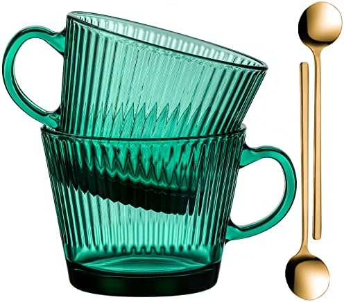 ספלי קפה מזכוכית בואאית, סט 14 אונקיות של 2 פסים אנכיים כוסות זכוכית ירוקות כוסות קפה הניתנות לגיבוב, כוסות