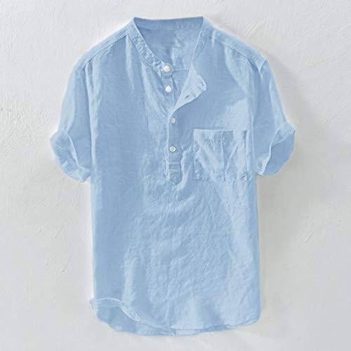 NYYBW חולצות פשתן כותנה לגברים שרוול קצר, כפתור מזדמן למטה חוף טרופי חוף חולצות חולצות T עם כיס