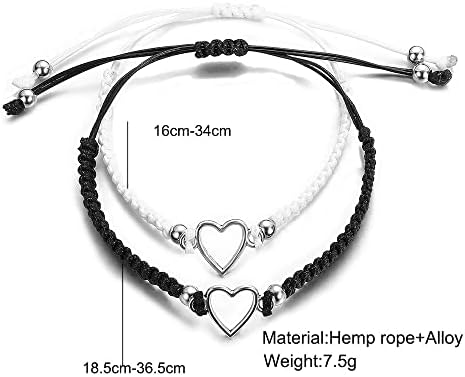 2 יחידות לב בצורת זוג צמידי אהבת לב לבן שחור חבל זוג צמיד לב בצורת בעבודת יד צמת מתכוונן צמיד ולנטיין