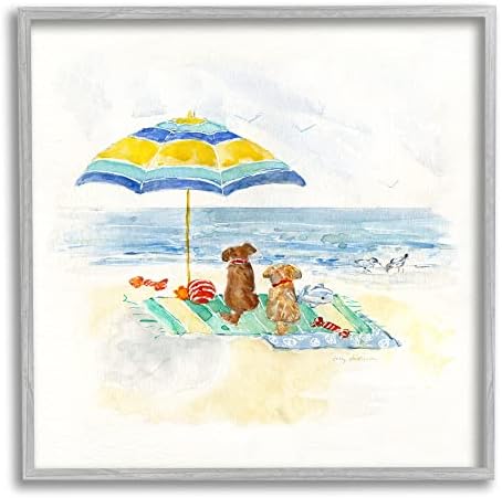 תעשיות סטופל כלבים שובבים חמודים מרגיעים מטריית חוף חוף ציור קו חוף, עיצוב מאת סאלי סווטלנד