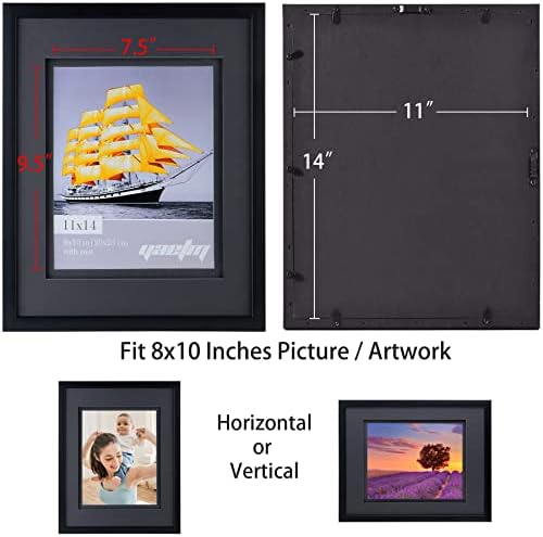 YAETM 11x14 מסגרת תמונה צפה כפולה צפה של 4, תמונת תצוגה 8x10 עם מחצלת כפולה שחורה, זכוכית מחוסמת בגודל