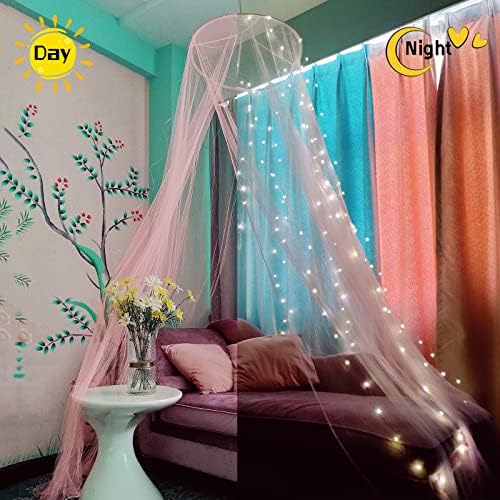 מיטת איימיליאלי חופה רשת יתושים עם 250 יחידות אורות וילון לבן חמים, חופה מיטה לעיצוב חדר בנות או מסיבת נושא,