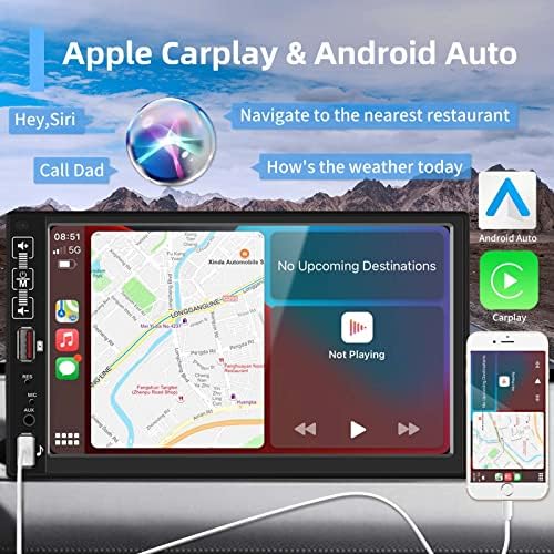 כפול DIN CAR STEREO מובנה Apple CarPlay ו- Android Auto, מקלט רדיו מסך מגע HD בגודל 7 אינץ