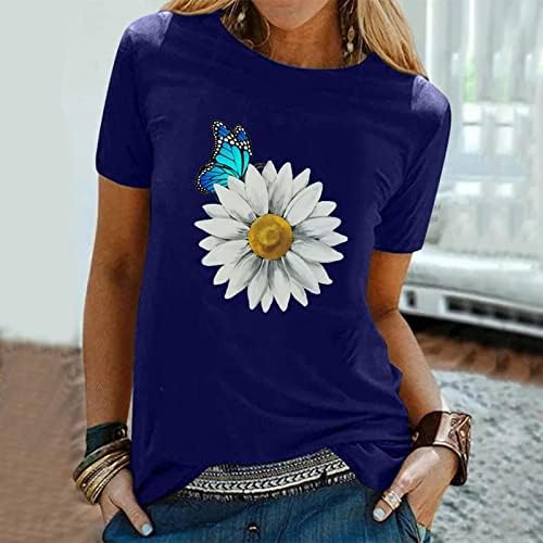 חולצת טריקו לנשים בקיץ של NYYBW צמרות שרוול קצר עם פרחים יומיים מזדמנים ופרפר או צוואר חולצות