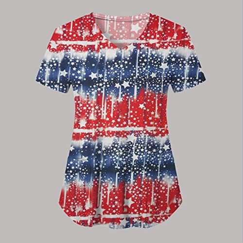 4 ביולי חולצה לנשים דגל אמריקאי קיץ חולצת צווארון שרוול קצר עם 2 כיסים בגדי עבודה מזדמנים לחג מצחיק