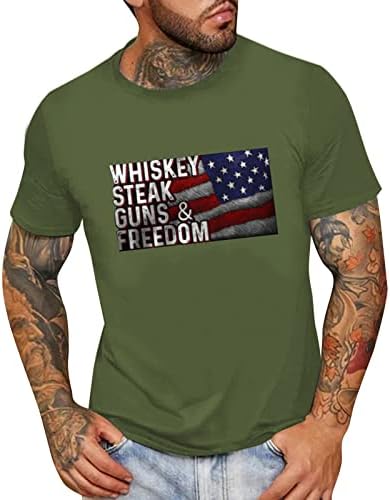חולצות טריקו של שרוול קצר של Ubst Mens, קיץ רטרו דגל אמריקאי הדפס צוואר צווארון מזדמן אופנה רופפת צמרות טי