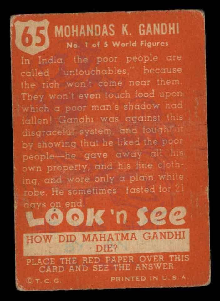 1952 Topps Look n ראה כרטיס65 Mahatma Ghandi מהכיתה טובה