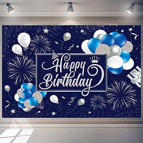 יום הולדת שמח רקע באנר כחול וכסף יום הולדת שמח סימן נצנצים בלון זיקוקין סימן יום הולדת רקע תמונה רקע מסיבת יום