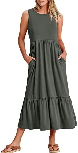 שמלות קיץ לנשים 2023 מקרית חוף טנק שמלת צוות צוואר שרוולים מותניים לפרוע נדנדה שמלה קיצית עם כיסים