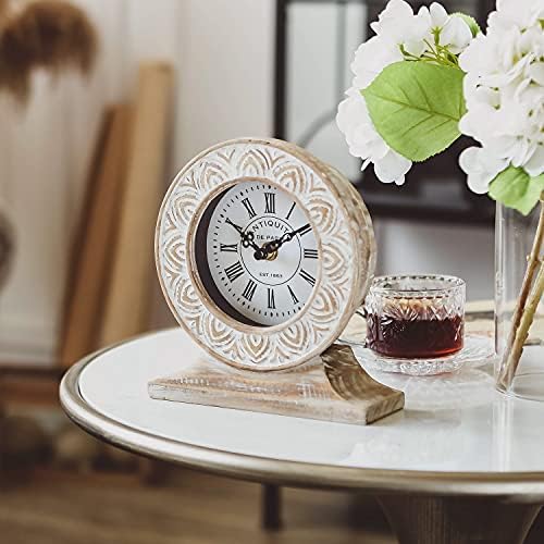 שעון שולחן עץ מגולף ידני של ניקי יד, שולחן מדף שעון עליון שעון סוללה מופעל על בוהו, עיצוב בית וינטג
