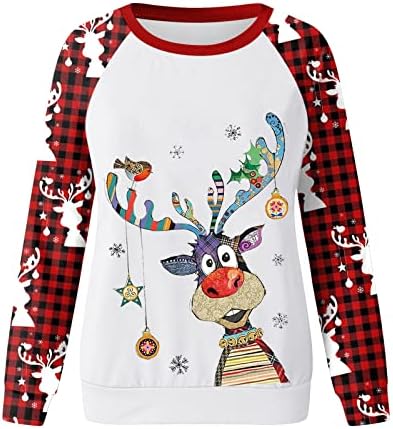 חולצות חג המולד של Beuu לנשים, חג המולד איילים הדפסים שרוול ארוך סווטשירטים סווטשירטים משובצים משובצים סוודר צוואר