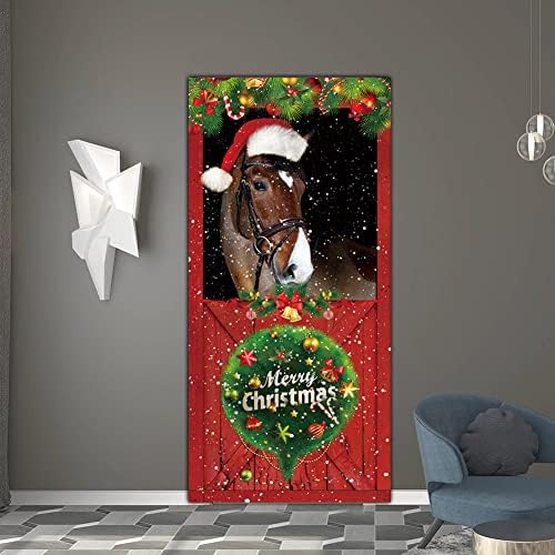 מצחיק החג שמח דלת כיסוי חג המולד סוס מול דלת באנר קישוט חג המולד קישוט אספקת מסיבת חג המולד רקע צילום רקע