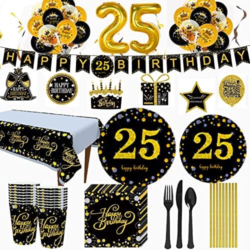 ציוד למסיבת יום הולדת 25-סט כלי אוכל חד פעמי שחור וזהב ל -24 אורחים, צלחות נייר, מפיות, כוסות, מזלגות, סכינים,