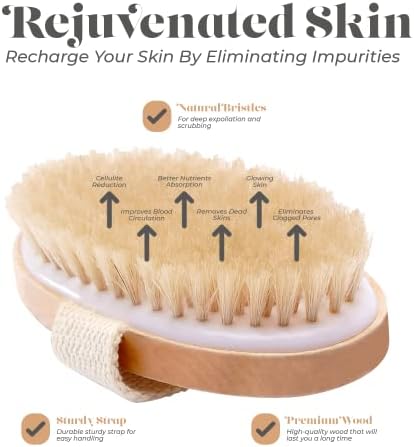 מברשת גוף בעור יבש - משפרת את בריאות העור ויופיו של העור - זיפים טבעיים - הסר עור מתים ורעלים, טיפול