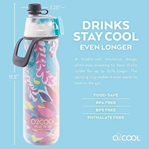 O2Cool Mist 'n לוגם בקבוק מים ערפל 2 ב -1 ב -1 בערפל ולגימה ללא דליפה משיכת עלייה בירבון בקבוק מים ספורט בקבוק