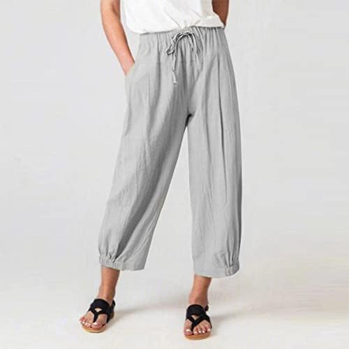 נשים קיץ קז'ון מכנסיים מכנסיים רופפים בצבע אחיד עם מותניים אלסטיים תחרה מעלה כותנה נוחה מכנסיים באורך קרסול